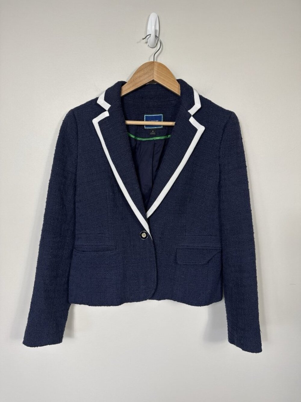 J Crew Womens Blazer Navy Tweed Piped Capsule Office One Button Button Size 6